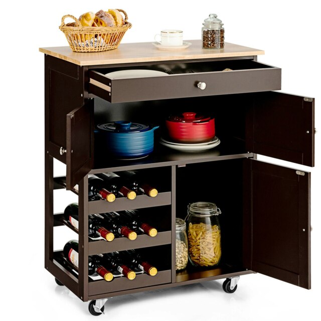 COSTWAY Rolling Kitchen Storage Trolley Cupboard Island Brown