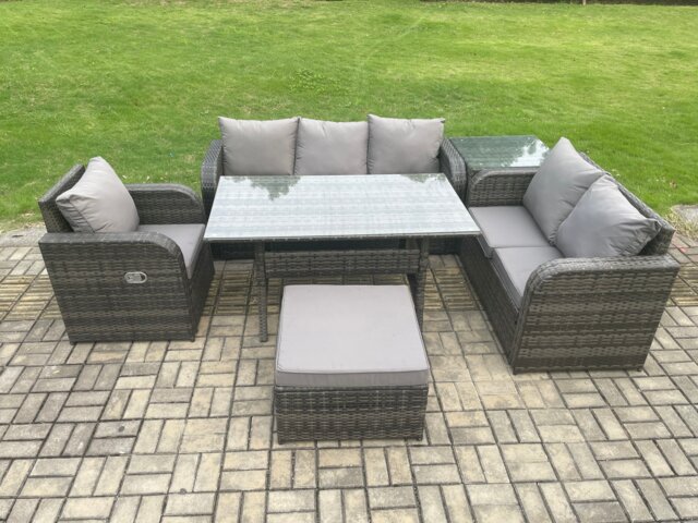 Fimous 7 Seater Garden Rattan Furniture Dining Table Sofa Set Indoor Outdoor with Reclining Chairs Big Footstool Side Table Dark Grey Mixed