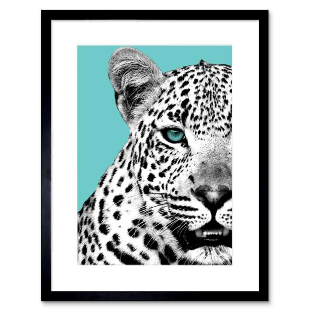"Besties Leopard Animal Teal Blue Big Cat Lover 9x7"" Black Framed Wall Art Print"