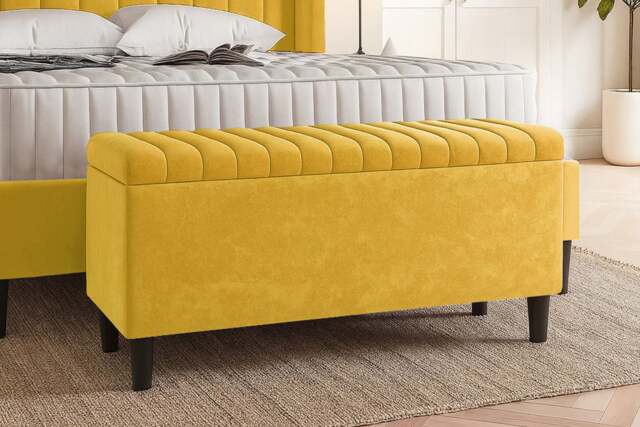 180cm Lined Upholstered Ottoman Storage box - Mustard Gold Plush Velvet Blanket Storage Box with Wooden Legs