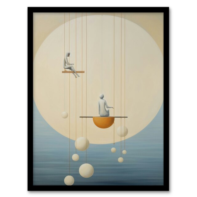 Night Shift Hanging Moon Stars Pastel Colour Black Framed Wall Art Print A4