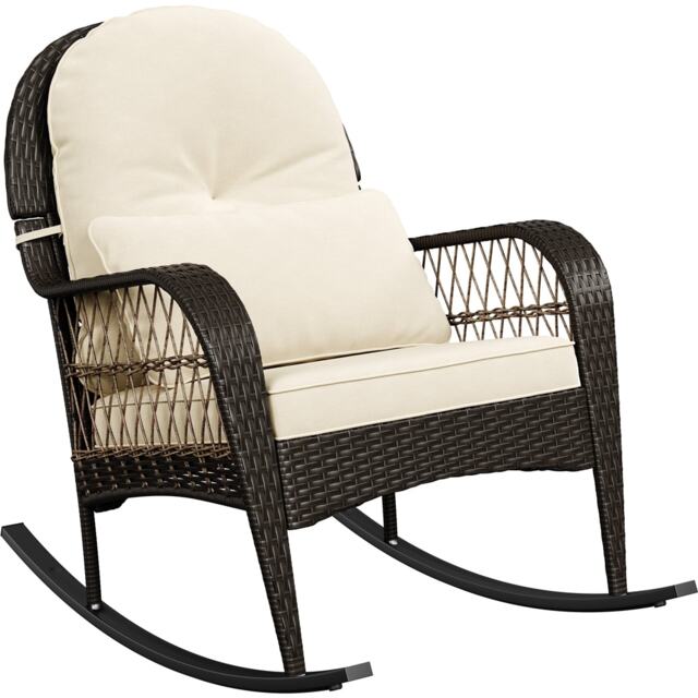 Yaheetech Outdoor PE Rattan Rocking Chair with Thick Cushions and Pillow-Brown&Beige
