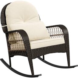 Yaheetech Outdoor PE Rattan Rocking Chair with Thick Cushions and Pillow-Brown&Beige