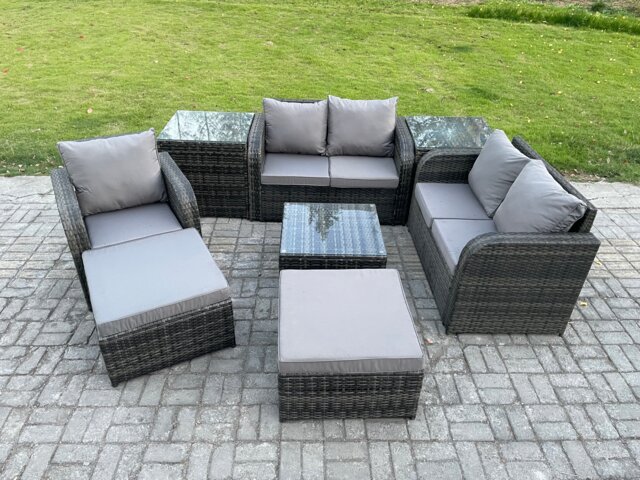 Fimous PE Rattan Garden Furniture Sets Outdoor Love Sofa Chair Set Square Coffee Table 2 Side Tables 2 Big Footstool