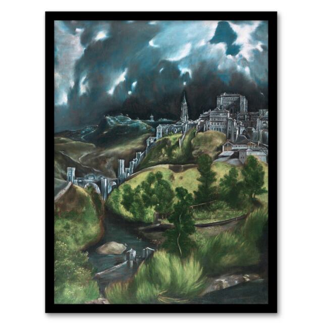 "View of Toledo Landscape Painting El Greco Framed Wall Art Print 12X16"""