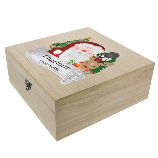 Personalised Colourful Santa Large Wooden Christmas Eve Box Brown