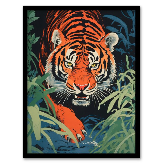 Jungle Tiger Stalking Orange Green Bathroom Black Framed Wall Art Print A4