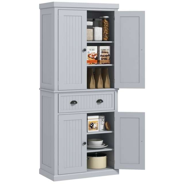 HOMCOM 183cm Tall Kitchen Cupboard, Kitchen Pantry Cabinet with Drawer, 3 Adjustable Shelves and 4 Doors, Freestanding Storage Cabinet for Dining Room, Living Room, Grey