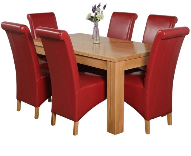 Dakota 152 x 87cm Medium Oak Dining Table and 6 Montana Leather Chairs Red Red