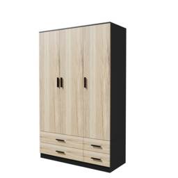 3 Door 4 Drawer Wardrobe With Hanging Rail And Storage Shelf Black Black Carcass & Oak Door 1