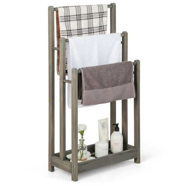 COSTWAY 3-Tier Wooden Towel Rack 3 Bars Towel Shelf Grey