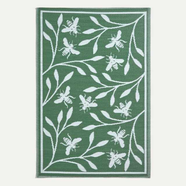 Homescapes Outdoor Rug Luxury Waterproof Reversible, 182 x 122 cm, Green, Floral Bee Green Green and White