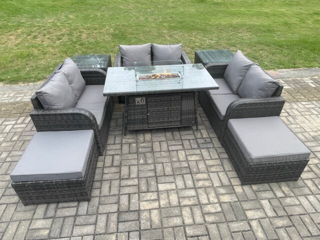 Fimous Rattan Outdoor Garden Furniture Sofa Set Gas Fire Pit Dining Table Gas Heater with 2 Side Tables Love Sofa 2 Big Footstool Dark Grey Mixed