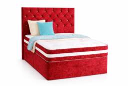 Chesterfield Red Crushed Velvet Small Single 2ft6 Divan Bed With 54inch Floorstanding Headboard and Mattress 2 Drawers Same Side