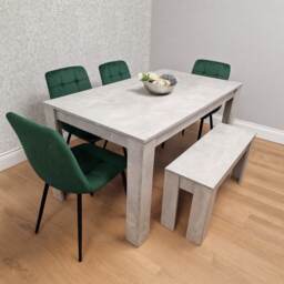Modern Stone Grey Effect Dining Table Set with 4 Green Velvet Chairs And Bench Dining Room Furniture