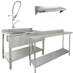 KuKoo Commercial Sink With Pre-Rinse Tap, 6ft Stainless Steel Catering Bench, 2 x Wall Mounted Shelves Silver