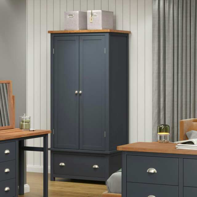Dunkeld Two Door Wardrobe with Midnight Blue and Antique Oak Effect Finish - Drawer and Hanging Storage Blue Blue One Size 1