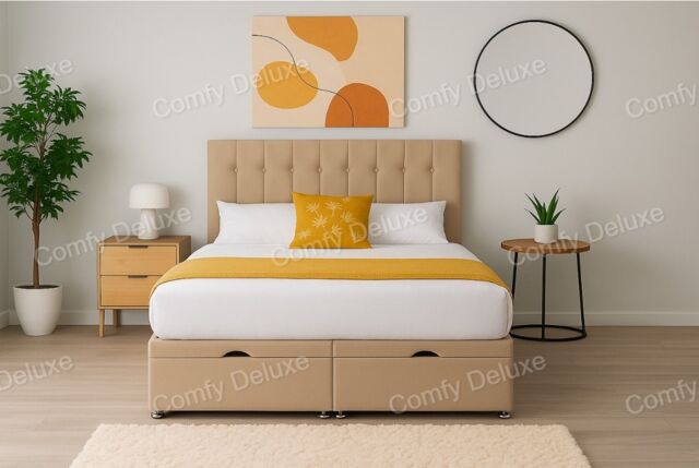 Beige Plush Ottoman 4ft Small Double Storage Bed With Headboard and Mattress
