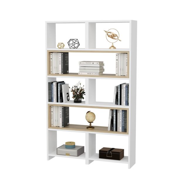 Decorotika Poyraz 5-tier Expandable Design Bookcase - H 150 cm x W 165 cm x D 22 cm Multi White and Oak 1