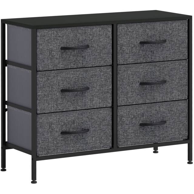 HOMCOM Fabric Chest of Drawers, Industrial Bedroom Dresser with 6 Fabric Drawers, Steel Frame and Wooden Top for Nursery, Living Room, Hallway, Black Black Black