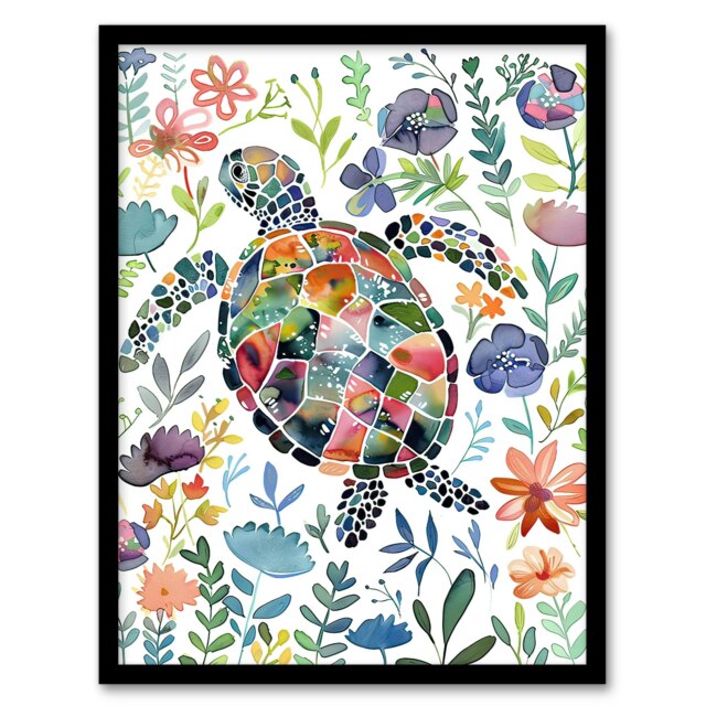 Abstract Sea Turtle Colourful Floral Bathroom Black Framed Wall Art Print A4