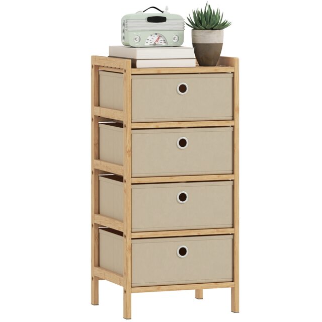 HOMCOM Chest of Drawers, 4 Drawers Dresser with Bamboo Frame Cream Cream White Not provided