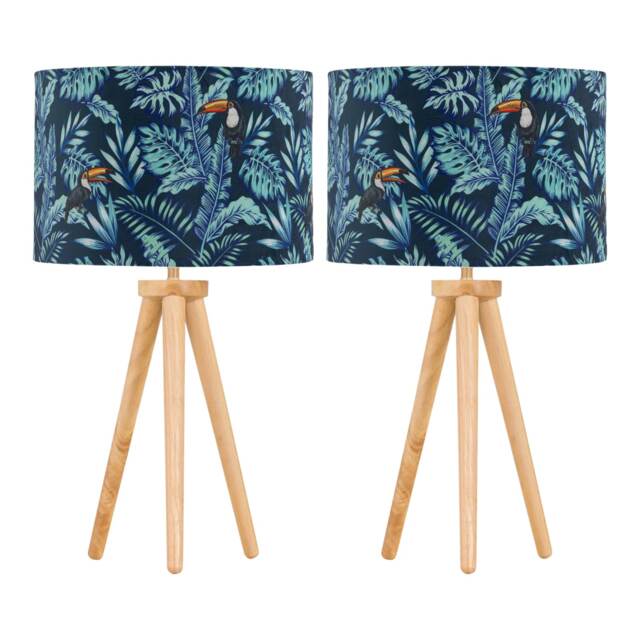 Set of 2 Light Oak Table Lamp Bedside Lights with Toucan Velvet Shades Brown Multi Large 2
