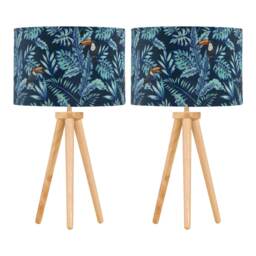 Set of 2 Light Oak Table Lamp Bedside Lights with Toucan Velvet Shades Brown Multi Large 2