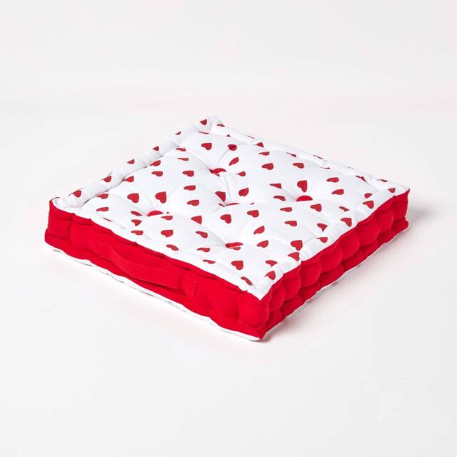 Homescapes Cotton Red Hearts Floor Cushion - 50 x 50 cm Red 50 x 50 cm