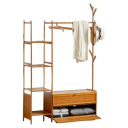 Wooden Coat Stand With Hooks, Shelves & Cabinets Brown One Size