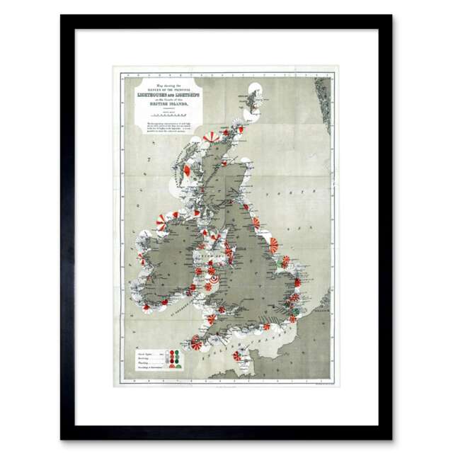 Map Antique 1884 Price Lighthouses Lightships British Isle Framed Wall Art Print