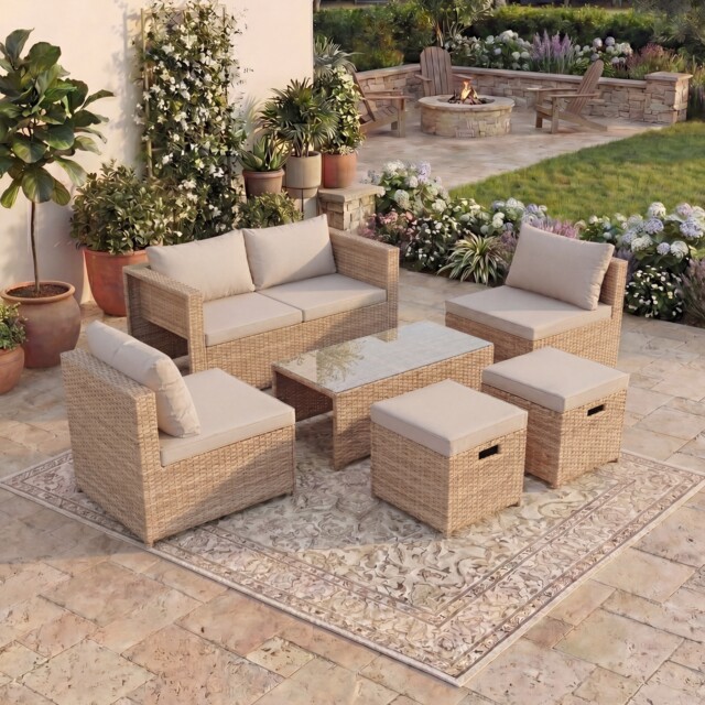 Garden Vida Islay 6 Seater Rattan Outdoor Garden Set with 2 Seater Sofa, 2x Chairs, 2x Stools, Glass Top Coffee Table - Natural