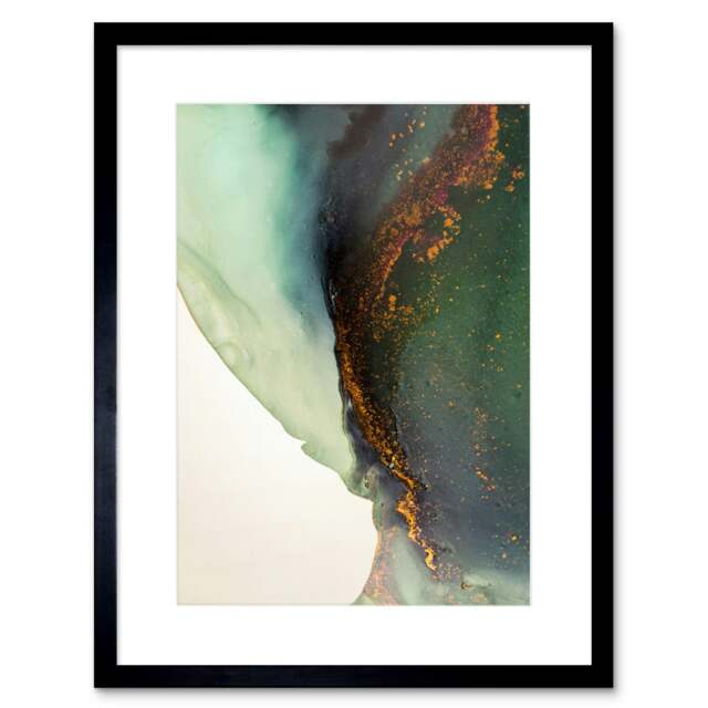 "Fluid Paint Gold Green Abstract Shore Aerial View 9x7"" Black Framed Wall Art Print"