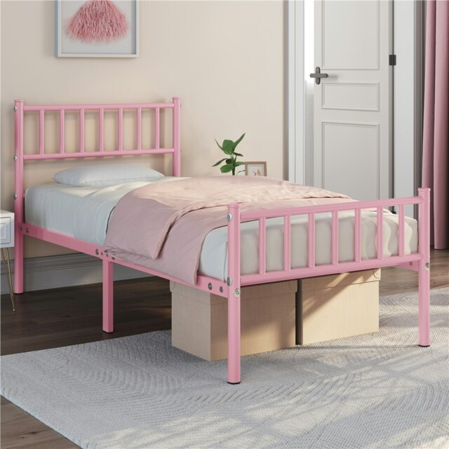 Yaheetech 3ft Single Metal Bed Frame with Slatted Headboard Pink
