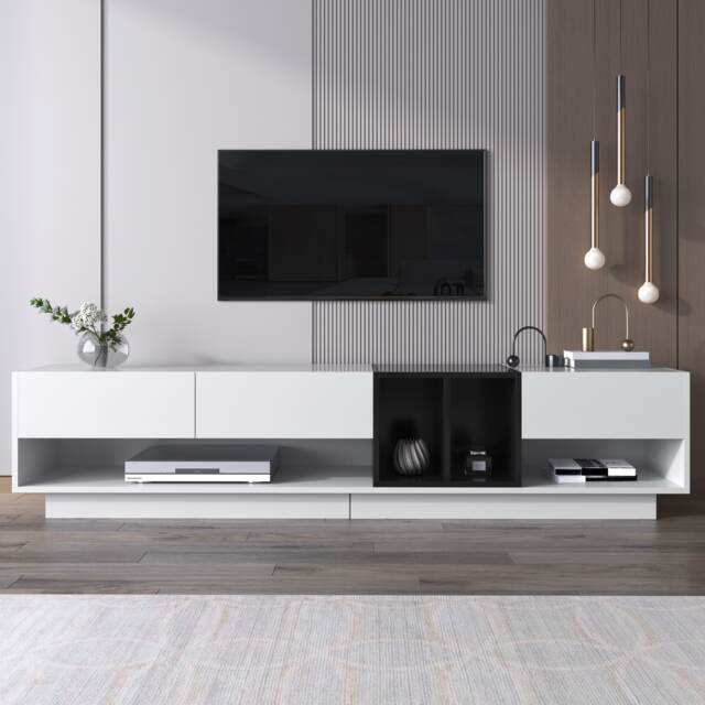VILUXE 190 x 40 x 42cm High-Gloss TV Stand with 3 Drawers and 2 Open Media Compartments, Particle Board Lowboard, Black and White