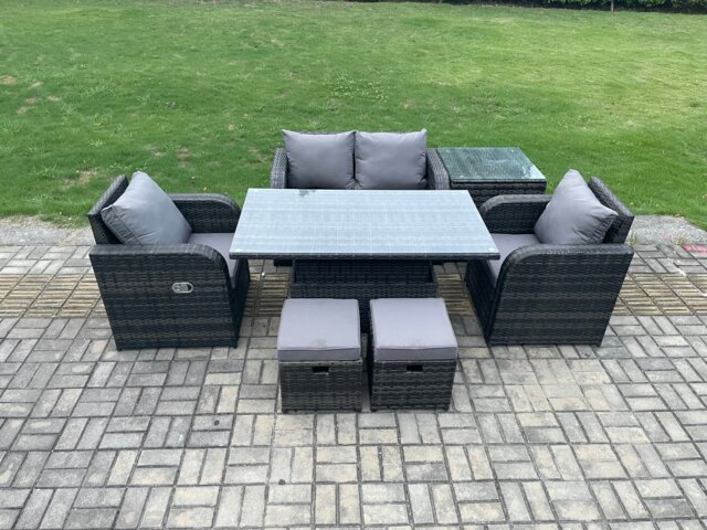Fimous Outdoor Rattan Garden Furniture Set Height Adjustable Rising lifting Dining Table Love Sofa Chair With Side Table Stools