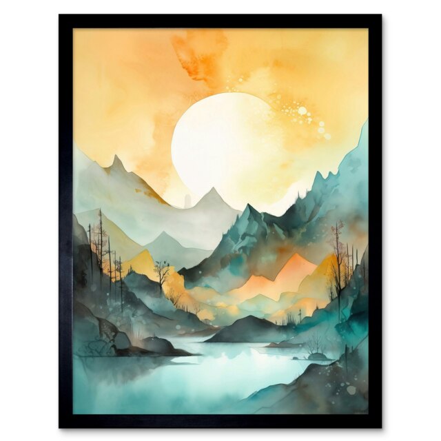 Sunrise Mountain Lakeside Landscape Pastel Watercolour Framed Wall Art Print