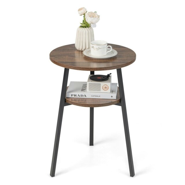COSTWAY Round Side Table Wooden Sofa End Beside W/ Storage Shelf Brown