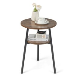 COSTWAY Round Side Table Wooden Sofa End Beside W/ Storage Shelf Brown