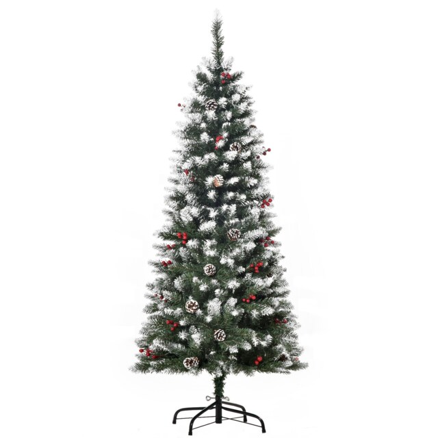 HOMCOM 5FT Artificial Christmas Tree mas Pencil Tree with Red Berries and Pinecones Holiday Home Indoor Decoration with Foldable Feet, Green