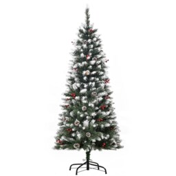 HOMCOM 5FT Artificial Christmas Tree mas Pencil Tree with Red Berries and Pinecones Holiday Home Indoor Decoration with Foldable Feet, Green