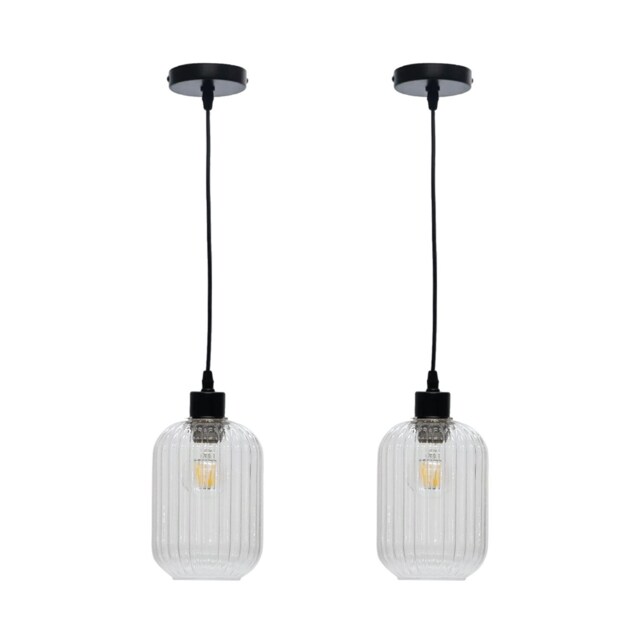 Set of 2 Batley - Clear Ribbed Glass with Black Pendant Fittings Clear Clear 2