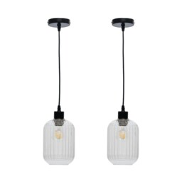 Set of 2 Batley - Clear Ribbed Glass with Black Pendant Fittings Clear Clear 2