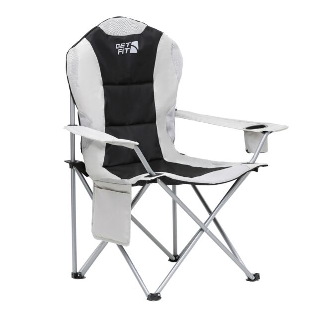 Get Fit Premium Folding Camping Chair - Thick Padded With Magazine Pocket, Cup Holder & Carry Bag - Lightweight 3Kg - Capacity 130Kg - Single Grey 1