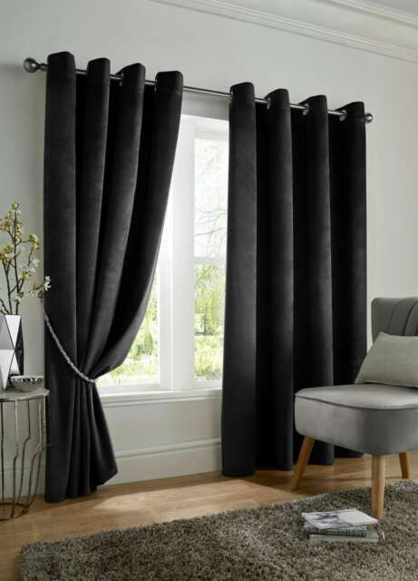 Velvet Look Eyelet Ring Top Blackout Curtains - 168cm x 183cm - Black