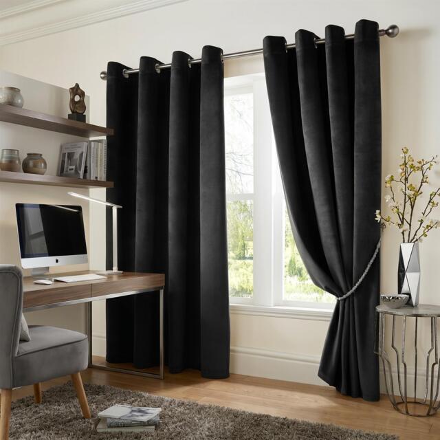 Velvet Thermal Blackout Eyelet Curtains Ready Made Pair - 168cm x 183cm - Black