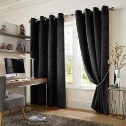 Velvet Thermal Blackout Eyelet Curtains Ready Made Pair - 168cm x 183cm - Black