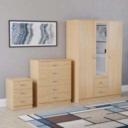 Vida Designs Riano 3 Piece Bedroom Set (3 Drawer Bedside Chest, 5 Drawer Chest, 3 Door 2 Drawer Mirrored Wardrobe) - Pine