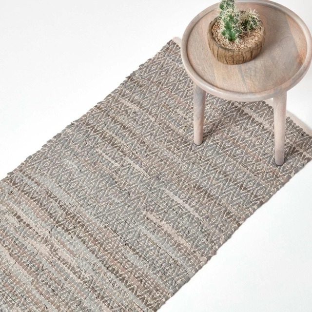 Homescapes Grey Real Leather Handwoven Diamond Pattern Hall Runner - 66 x 200 cm Grey Grey