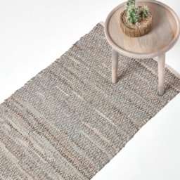 Homescapes Grey Real Leather Handwoven Diamond Pattern Hall Runner - 66 x 200 cm Grey Grey